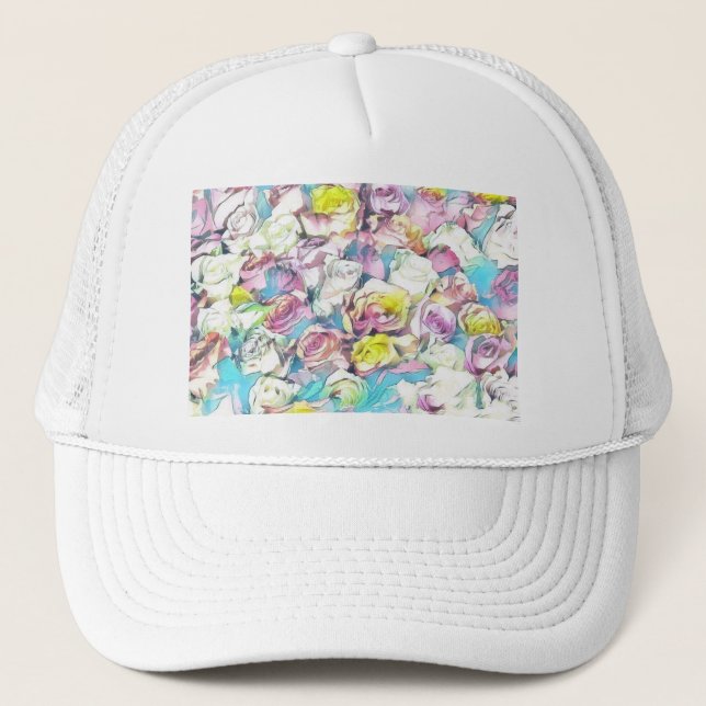 Aquarellmalerei auf rosa gelbe Rosen Truckerkappe (Vorderseite)