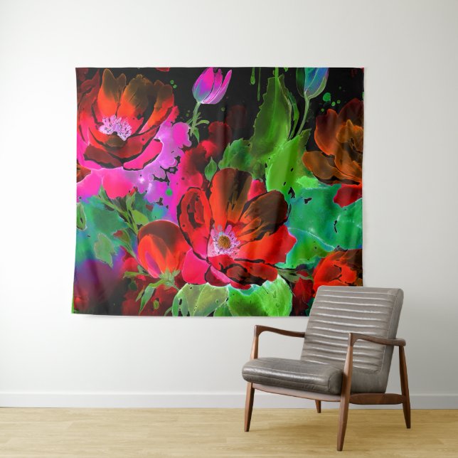 Aquarellmalerei auf Roten Blume auf Schwarz Wandteppich (Beispiel (Horizontal))