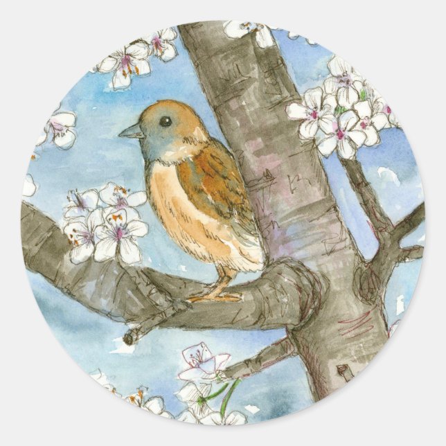 Aquarellmalerei auf Sparrow-Vögel Runder Aufkleber (Vorderseite)