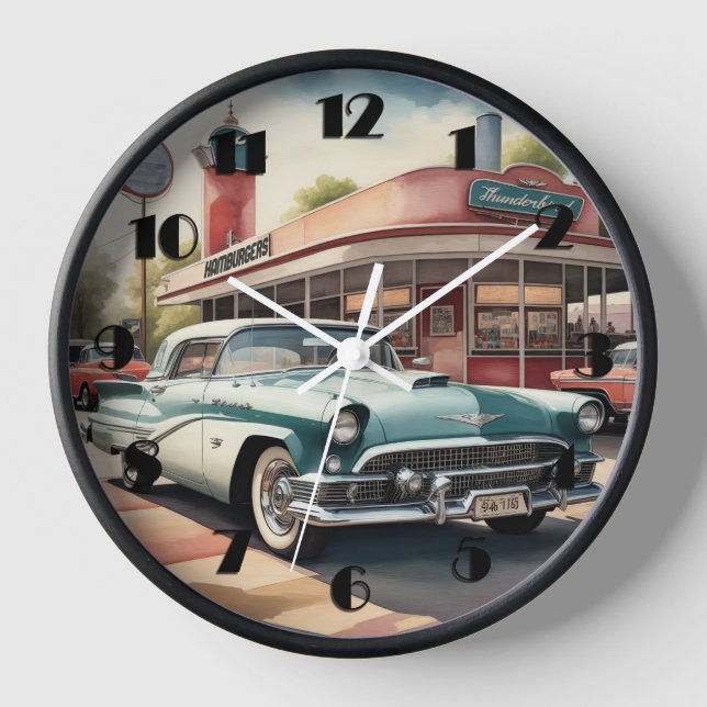 Aquarellmalerei auf Vintage Car und Diner Uhr (Vorderseite)