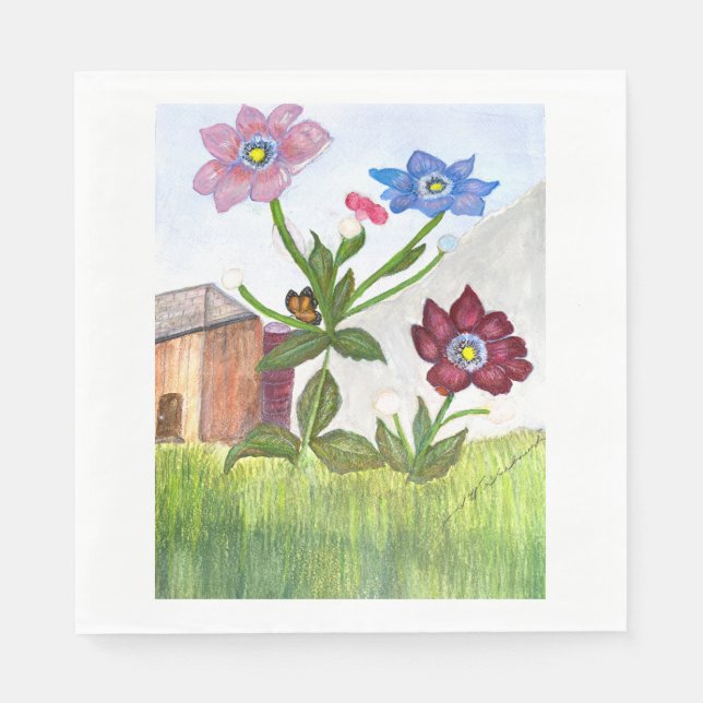 Aquarellmalerei auf Wildblumen und Gras Serviette (Vorderseite)
