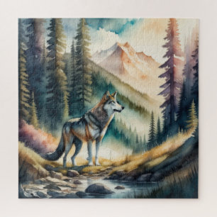 Aquarellmalerei auf Wolf im Wald