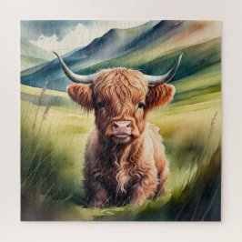 Aquarellmalerei Baby Highland Cow Sitzen