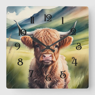 Aquarellmalerei Baby Highland Cow Sitzen Quadratische Wanduhr