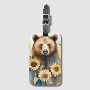 Aquarellmalerei Braunbär und Sonnenblumen Gepäckanhänger
