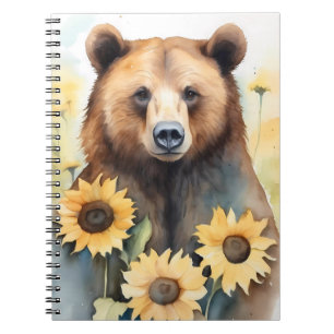 Aquarellmalerei Braunbär und Sonnenblumen Notizblock