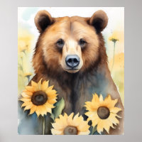 Aquarellmalerei Braunbär und Sonnenblumen