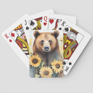 Aquarellmalerei Braunbär und Sonnenblumen Spielkarten