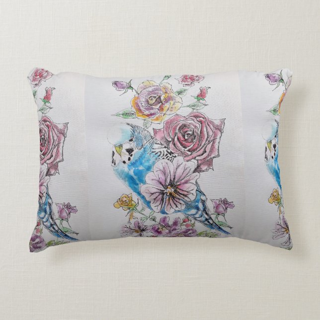 Aquarellmalerei Budgie Bird & Rose Cushion Dekokissen (Vorderseite)