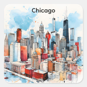 Aquarellmalerei Chicago Skyline Stadtlandschaft Quadratischer Aufkleber