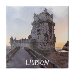 Aquarellmalerei des Turms von Belem bei Sonnenunte Fliese