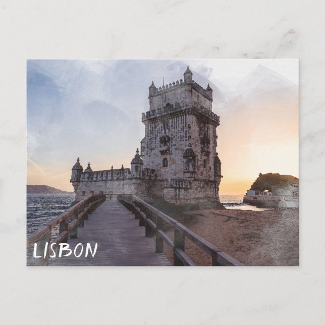 Aquarellmalerei des Turms von Belem bei Sonnenunte Postkarte (Vorderseite)