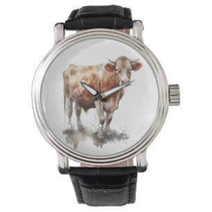 Aquarellmalerei einer Kuh auf einer Weide Armbanduhr