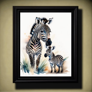 Aquarellmalerei einer Mama und Baby Zebra 5:4 Poster