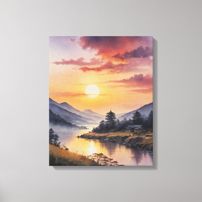 Aquarellmalerei eines Flusses mit Bergen und Leinwanddruck (Vorderseite)