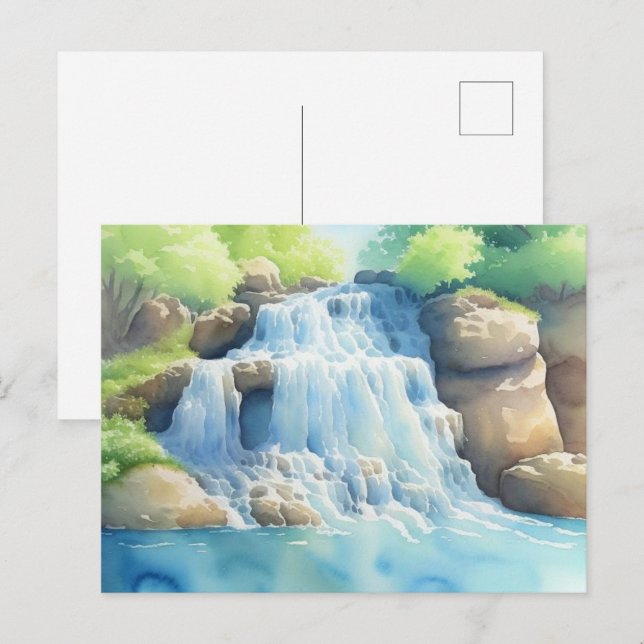 Aquarellmalerei eines kaskadenförmigen Wasserfalls Postkarte (Vorne/Hinten)