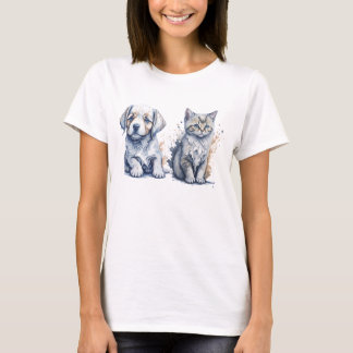 Aquarellmalerei eines Niedlichen Welpen und Kitten T-Shirt
