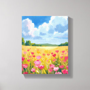 Aquarellmalerei eines rosa Wildblumenfeldes Leinwanddruck