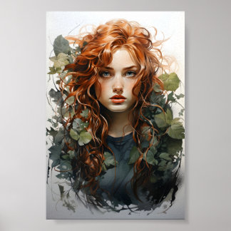 Aquarellmalerei eines rot-haarigen Mädchens Poster