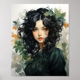 Aquarellmalerei eines schwarzhaarigen Mädchens Poster