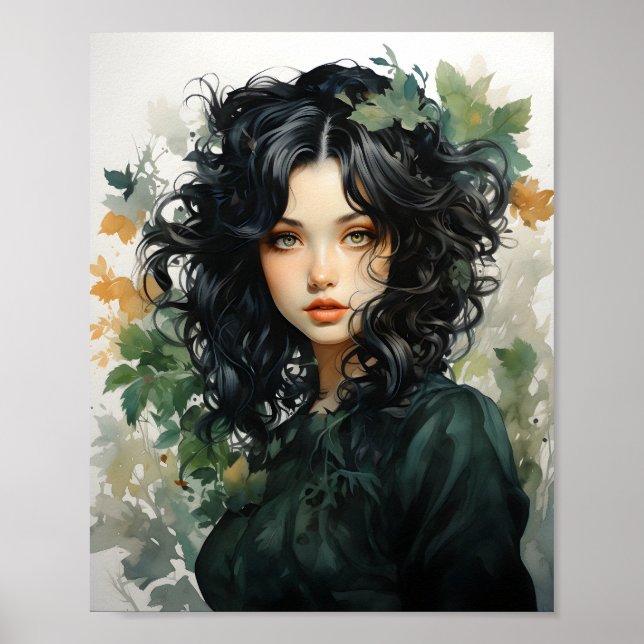 Aquarellmalerei eines schwarzhaarigen Mädchens Poster (Vorne)