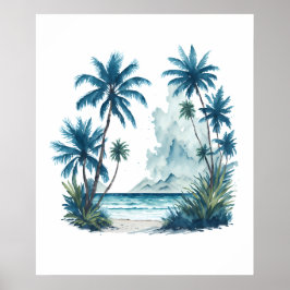 Aquarellmalerei eines Strandes mit Palmen Poster