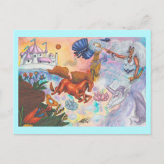Aquarellmalerei-Einhorn-Opal-Fee-Drache-Feuerpferd Postkarte