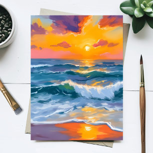 Aquarellmalerei Goldene Sonnenuntergangswellen Postkarte