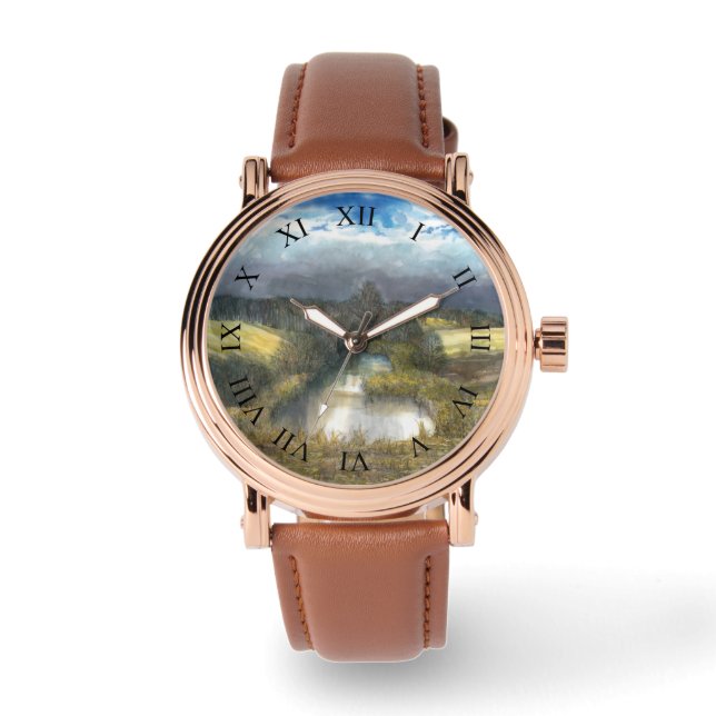 Aquarellmalerei im Herbstteich Armbanduhr (Vorderseite)