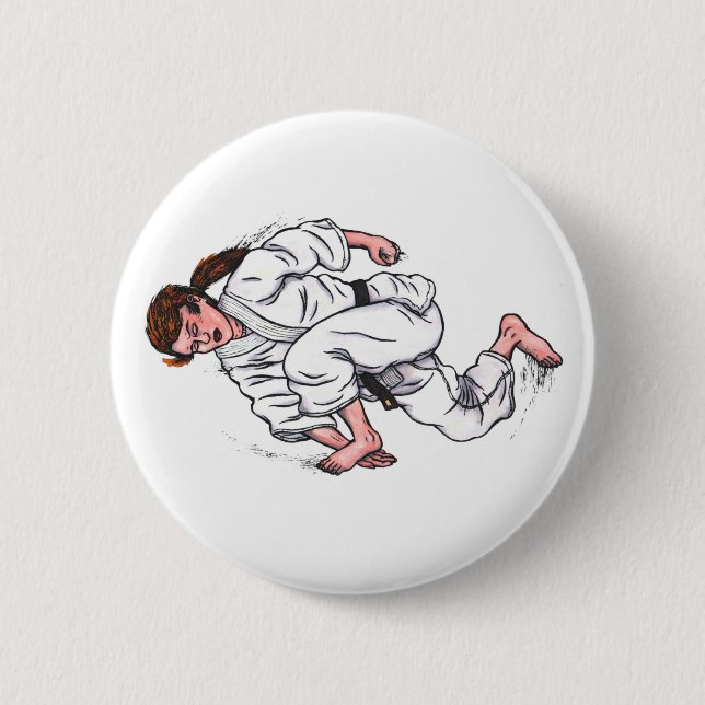 Aquarellmalerei Karate Frau springen und kicki Button (Vorderseite)