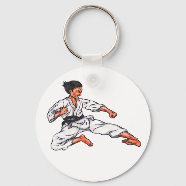 Aquarellmalerei Karate Mann springen und kicken Schlüsselanhänger (Vorderseite)