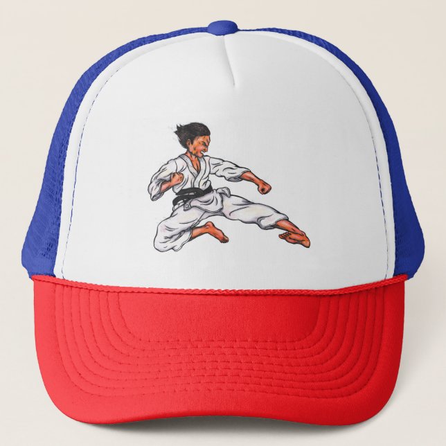 Aquarellmalerei Karate Mann springen und kicken Truckerkappe (Vorderseite)