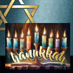 Aquarellmalerei Menorah Farbige Kerzen Folien Feiertagskarte<br><div class="desc">Aquarellmalerei Menorah mit farbenfrohen Kerzen</div>