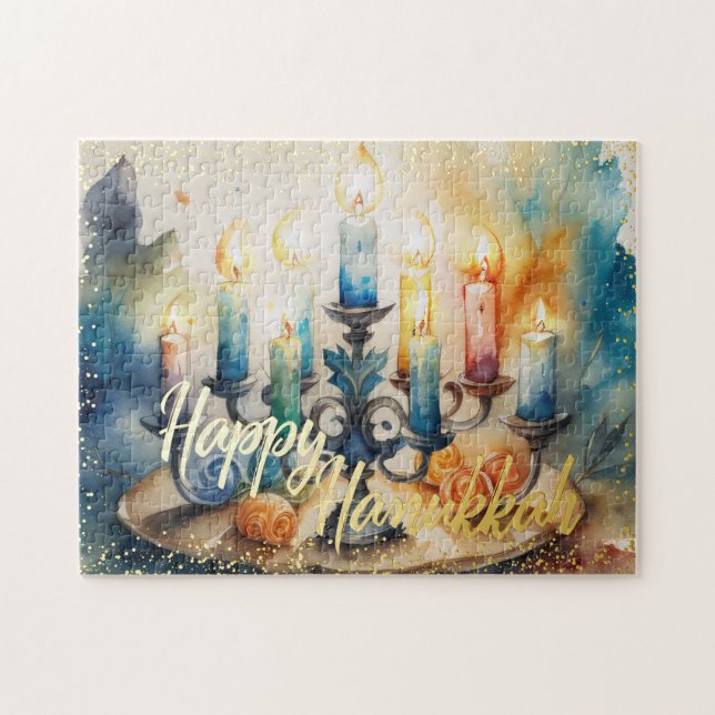 Aquarellmalerei Menorah Happy Hanukkah (Horizontal)