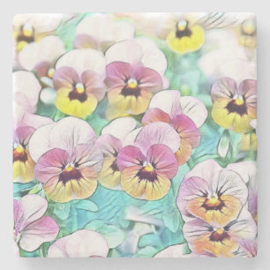 Aquarellmalerei mit rosa, gelben, weißen Stiefmütt Steinuntersetzer