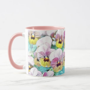 Aquarellmalerei mit rosa, gelben, weißen Stiefmütt Tasse