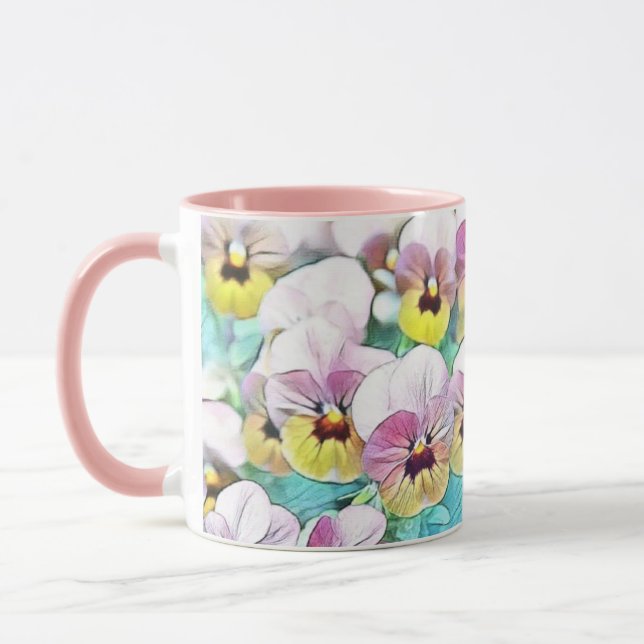 Aquarellmalerei mit rosa, gelben, weißen Stiefmütt Tasse (Links)