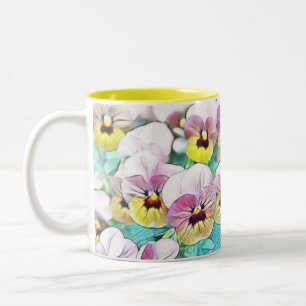 Aquarellmalerei mit rosa, gelben, weißen Stiefmütt Zweifarbige Tasse