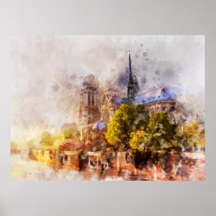 Aquarellmalerei Notre-Dame-Kathedrale Sonnenaufgan Poster