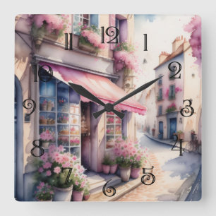 Aquarellmalerei Pink Blume Shop Paris Quadratische Wanduhr