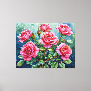 Aquarellmalerei rosa Rosen mit Tautropfen Leinwanddruck