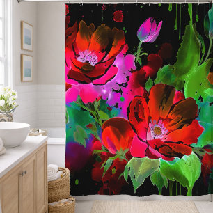 Aquarellmalerei roter Blumen auf Schwarz Duschvorhang