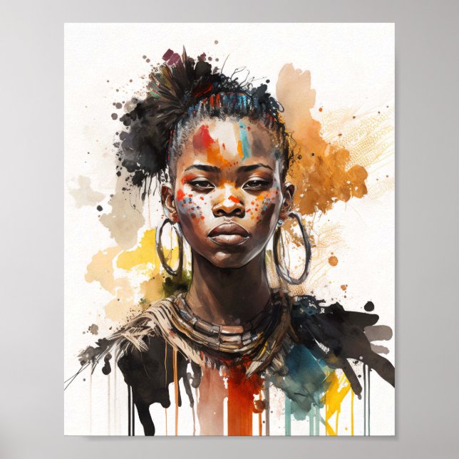 Aquarellmalerei, schöne afrikanische Stammesfrauen Poster (Vorne)
