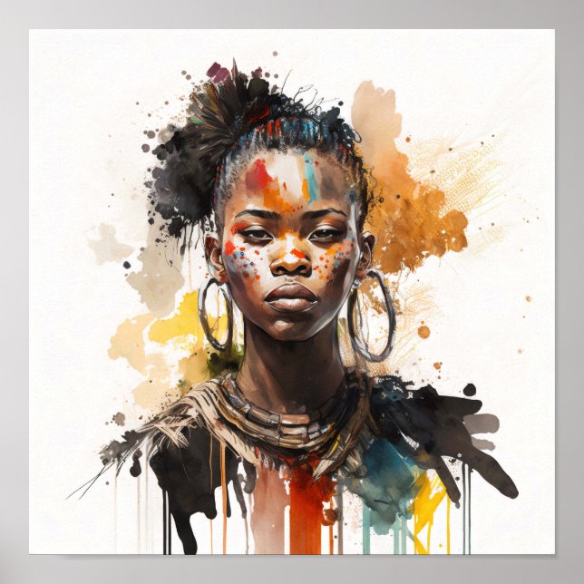Aquarellmalerei, schöne afrikanische Stammesfrauen Poster (Vorne)