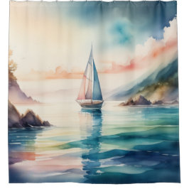 Aquarellmalerei Segelboot auf dem Wasser Duschvorhang