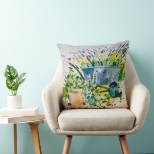 Aquarellmalerei , Sommergarten und Lawanda Kissen