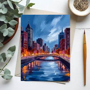 Aquarellmalerei Stadt bei Nacht Postkarte