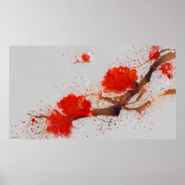 Aquarellmalerei Verzweigung rote Blüten asian Poster (Vorne)
