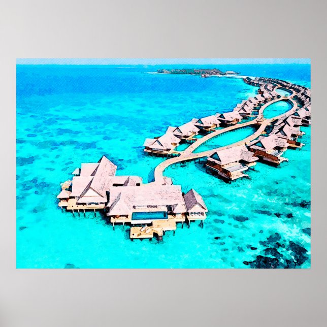 Aquarellmalerei Villa in Joali Poster (Vorne)