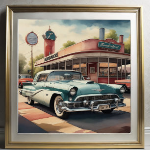 Aquarellmalerei von Oldtimer und Diner Poster